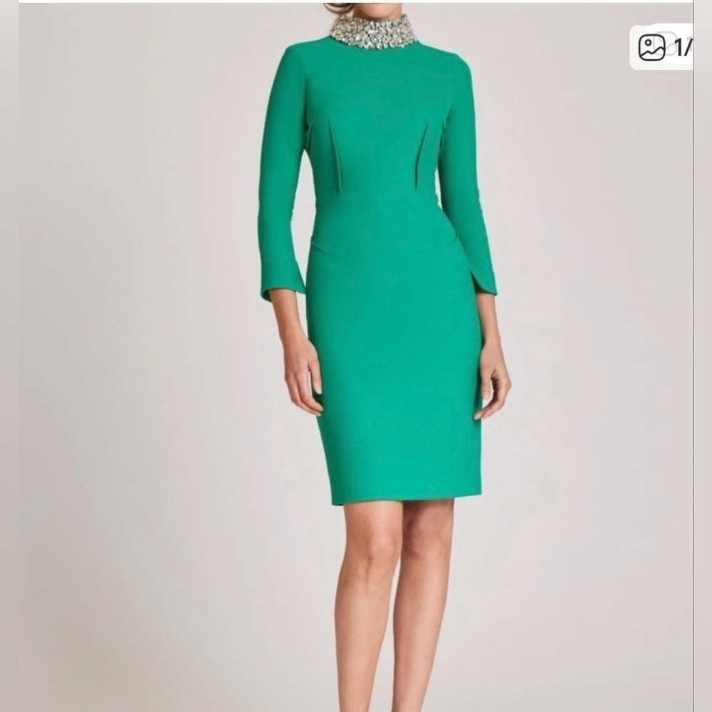Teri Jon Green Long Sleeve Dress with Embellished Collar